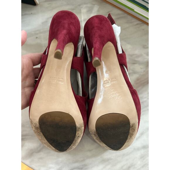 Miu Miu Red Burgundy Suede Platform Peep Toe Heeled Sandal - Picture 9 of 11